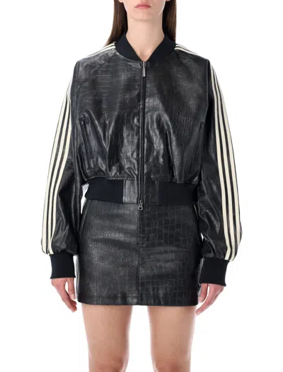 Adidas Originals Black Faux Leather Cropped Bomber Jacket In Multi