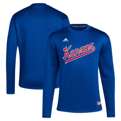 Adidas Originals Adidas Royal Kansas Jayhawks Reverse Retro Baseball Script Pullover Sweatshirt