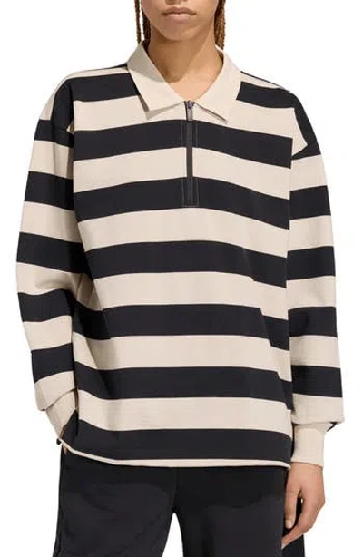 Adidas Originals Adidas Striped Quarter Zip Cotton Polo In Black/crystal Linen
