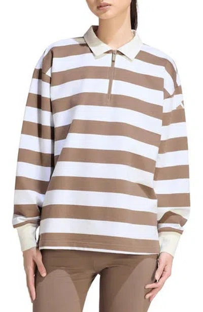 Adidas Originals Adidas Striped Quarter Zip Cotton Polo In Khaki Six/ Off White