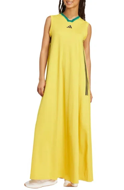 Adidas Originals Adidas Tiro 3-stripes Recycled Polyester Mesh Maxi Dress In Yellow