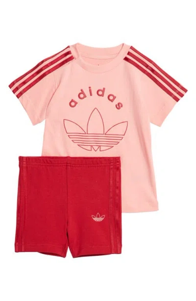 Adidas Originals Adidas Trefoil Graphic T-shirt & Bike Shorts Set In Semi Pink Spark/victory Red