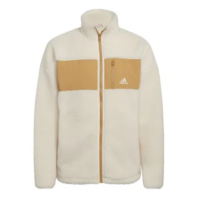 Adidas Originals Adidas Winter Jacket Colorblock Splicing Fleece Stay Warm Logo Sports Stand Collar Creamy White