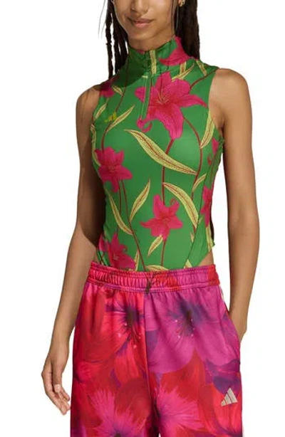 Adidas Originals Adidas X Farm Rio Sleeveless Bodysuit In Preloved Lime/ Bahia Magenta