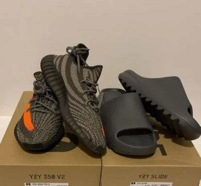 Pre-owned Adidas Originals Adidas Yeezy Boost 350 Carbon Beluga Size 13 & Yeezy Slide Slate Grey Size 13 M In Gray