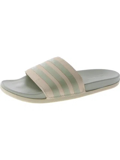 Adidas Originals Adilette Comfort Womens Faux Leather Cushioned Footbed Slide Sandals In White/green Met./green Met.