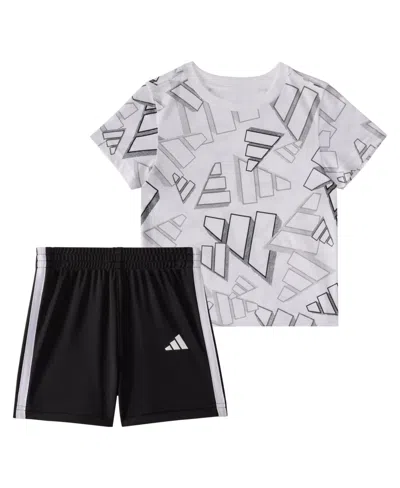 Adidas Originals Baby Boys 2-piece Short Sleeve Printed 3d Logo Toss T-shirt And Shorts Set In White