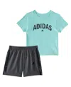 Adidas Originals Baby Boys 2-piece Short Sleeve T-shirt And Camo 3-stripe Woven Shorts Set In Semi Flash Aqua