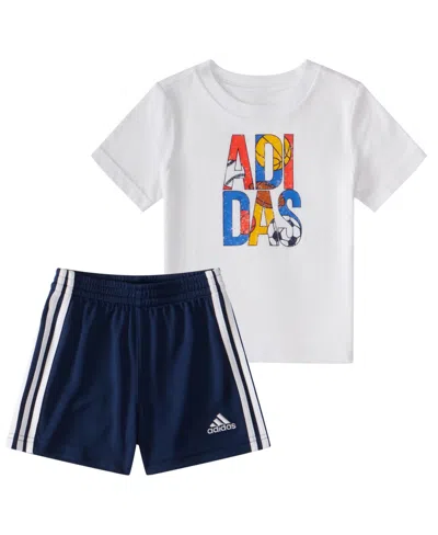 Adidas Originals Baby Boys Graphic Cotton T-shirt And 3-stripe Shorts, 2 Piece Set In Blue With White