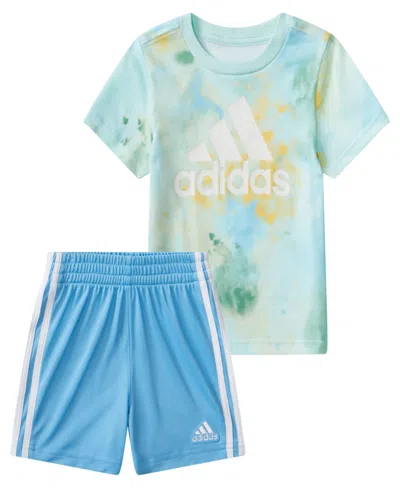 Adidas Originals Baby Boys Printed T Shirt And 3 Stripe Shorts, 2 Piece Set In Blue