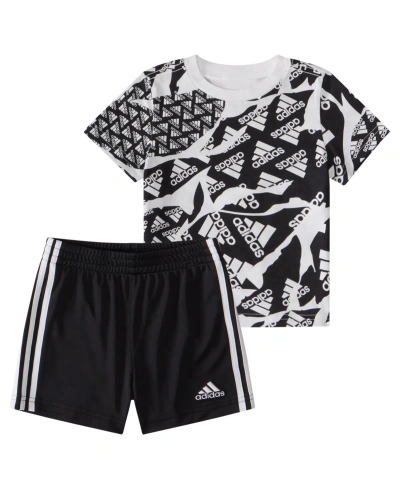 Adidas Originals Baby Boys Printed T Shirt And 3 Stripe Shorts, 2 Piece Set In White