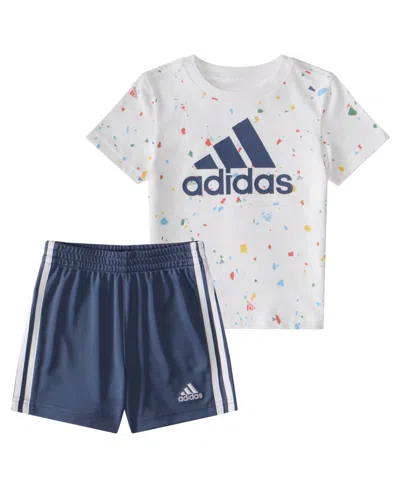 Adidas Originals Baby Boys Printed T Shirt And 3 Stripe Shorts, 2 Piece Set In White With Multicolor