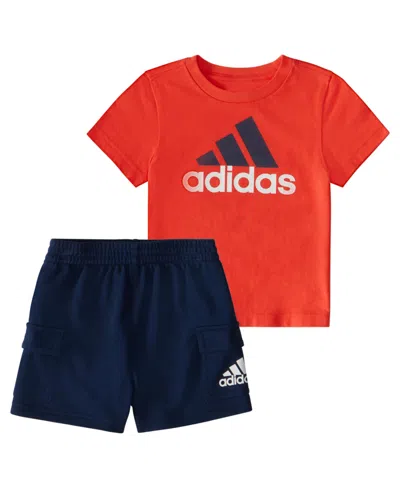 Adidas Originals Baby Boys Short Sleeve T Shirt And French Terry Cargo Shorts, 2 Piece Set In Bright Red