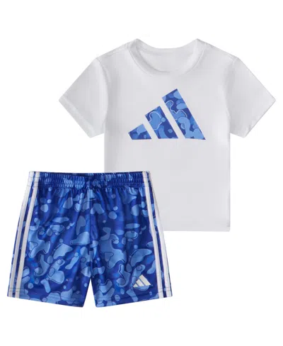 Adidas Originals Baby Boys Short Sleeve T Shirt And Printed 3 Stripes Shorts, 2 Piece Set In White