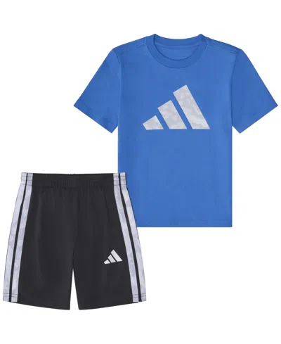 Adidas Originals Baby Boys' Short-sleeve Camo 3-stripe T-shirt And Woven Shorts, 2-piece Set In Blue