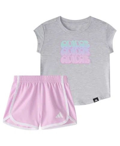 Adidas Originals Baby Girls 2-piece Cap Sleeve Heather T-shirt And Woven Shorts Set In Light Gray Heather