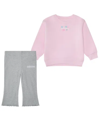 Adidas Originals Baby Girls 2-piece Fleece Pull-on Sweatshirt And Flare-leg Pants Set In Pink
