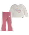 Adidas Originals Baby Girls 2-piece Long Sleeve Graphic Heather Tee Flare Pant Set In Oatmeal Heather