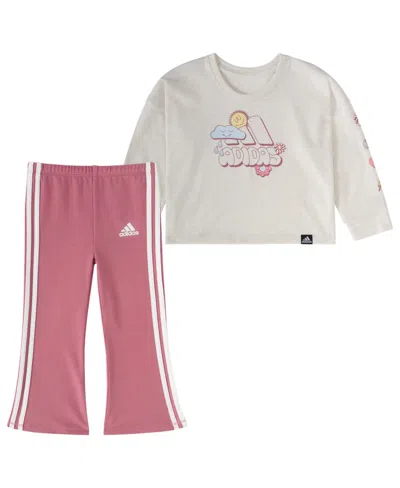 Adidas Originals Baby Girls 2-piece Long Sleeve Graphic Heather Tee Flare Pant Set In Oatmeal Heather