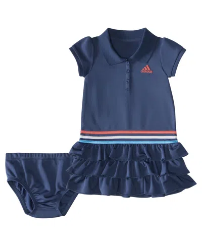 Adidas Originals Baby Girls 3-color Stripe Ruffle Polo Dress Set In Preloved Ink