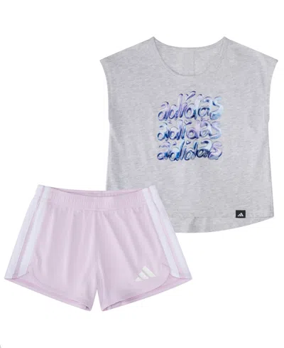 Adidas Originals Baby Girls' Back Pleated Short-sleeve T-shirt And Mesh Shorts, 2-piece Set In Gray