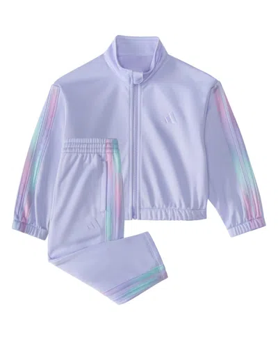 Adidas Originals Baby Girls 2-piece Long Sleeve Printed 3-stripe Fashion Tricot Jacket & Pant Set In Violet Tone