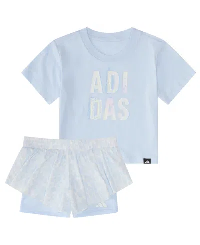 Adidas Originals Baby Girls' Short-sleeve Graphic T-shirt And Printed Flowy Shorts, 2-piece Set In Blue