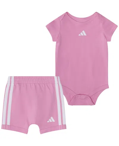 Adidas Originals Baby Girls' Short-sleeve Bodysuit And Shorts, 2-piece Set In Pink
