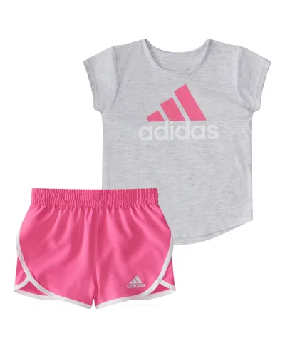 Adidas Originals Baby Girls Two-piece Essential Heather Tee Woven Short Set In Light Grey