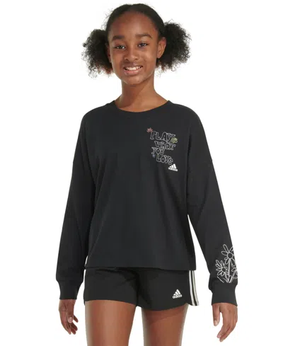 Adidas Originals Kids' Big Girls Cotton Long-sleeve Crewneck Graphic T-shirt In Black