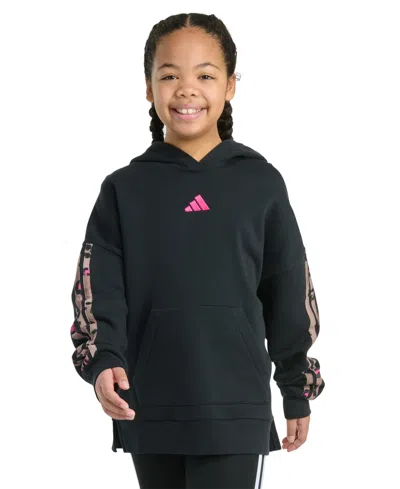 Adidas Originals Kids' Big Girls Long-sleeve Printed 3-stripes Slit Fleece Pullover Hoodie In Black
