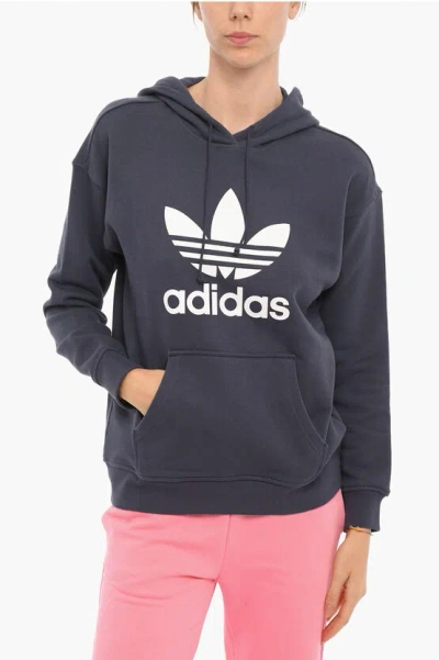 Adidas Originals Brushed Cotton Hoodie With Printed Contrasting Logo In Blue