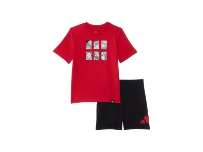 Adidas Originals Kids' Cotton T-shirts Logo Short Set (infant) Boy's Clothing Pure Ruby : 12 Months 2.5, Cotton/jersey In Multi