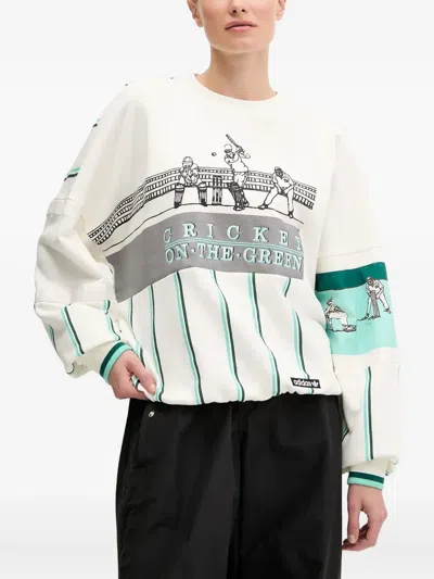 Adidas Originals Cricket-print Striped Sweatshirt In White
