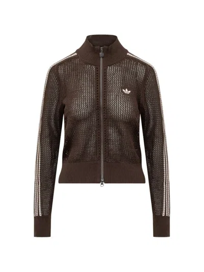 Adidas Originals Crochet-knit 3-stripes Cardigan In Brown