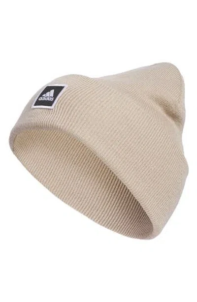 Adidas Originals Embroidered Logo Wide Cuff Beanie In Wonder Beige/black/white