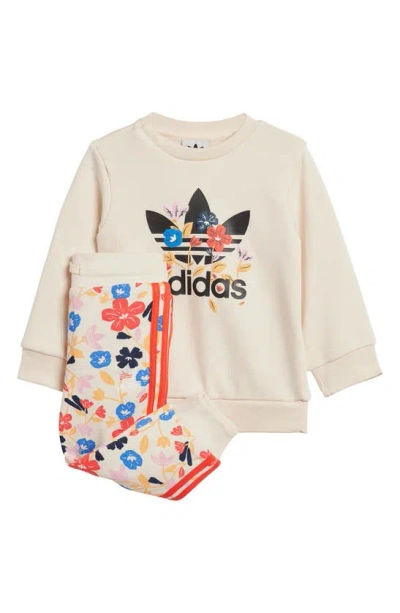 Adidas Originals Babies' Adidas Floral Crewneck Sweatshirt & Joggers Set In Wonder White