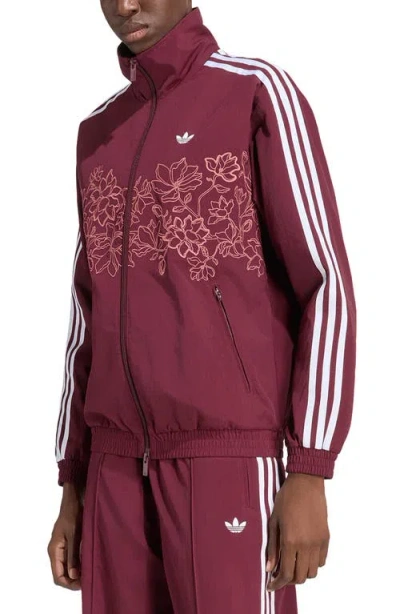 Adidas Originals Floral Embroidered Loose Track Jacket In Burgundy
