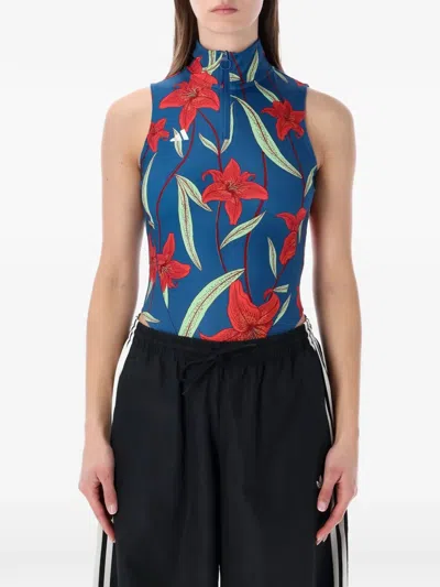 Adidas Originals Printed Technical Fabric Bodysuit Top In Blue