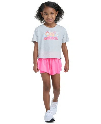 Adidas Originals Kids' Girls' 2t-6x Short-sleeve Graphic Heather T-shirt And Flowy Shorts, 2-piece Set In White