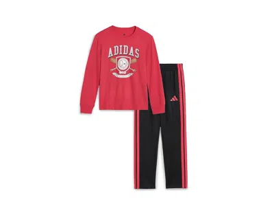 Adidas Originals Graphic Cotton Long Sleeve Tee 3-stripe Pants Set (toddler/little Kid) Boy's Casual Pants Pure Ruby: In Red