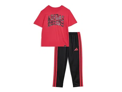 Adidas Originals Graphic Cotton Tee 3-stirpe Pants Set (toddler/little Kid) Boy's Casual Pants Pure Ruby: 7 Little Ki In Red