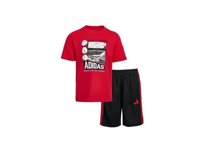 Adidas Originals Graphic Cotton T-shirts 3s Shorts Set (toddler/little Kid) Boy's Clothing Pure Ruby : 3t Toddler 4 In Red