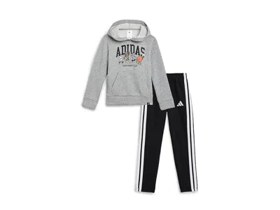 Adidas Originals Graphic Heather Fleece Pullover Joggers Set (toddler/little Kid) Boy's Casual Pants Medium Grey Heat In Multi