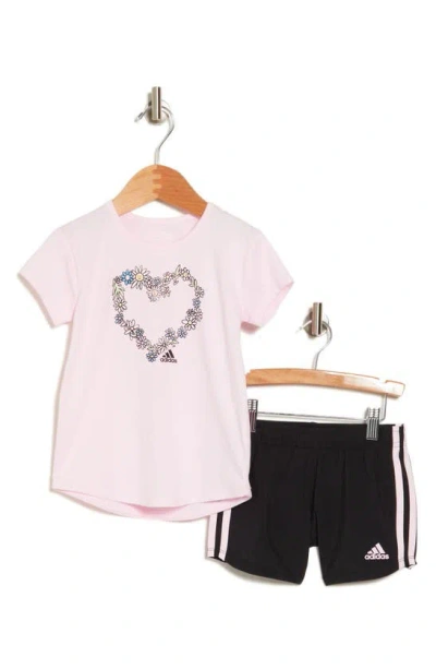 Adidas Originals Kids' Graphic T-shirt & 3-stripes Shorts Set In Clear Pink