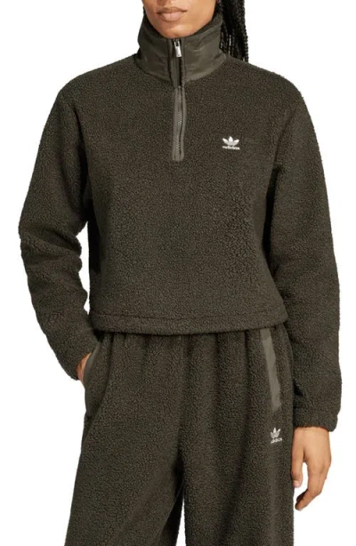 Adidas Originals Half Zip Recycled Polyester Teddy Fleece Sweatshirt In Shadow Olive