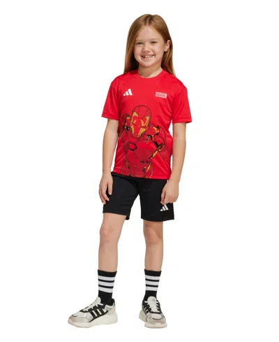 Adidas Originals Kids' Juniors Marvel Iron-man Shorts And T-shirt, 2-piece Set In Pure Ruby,white