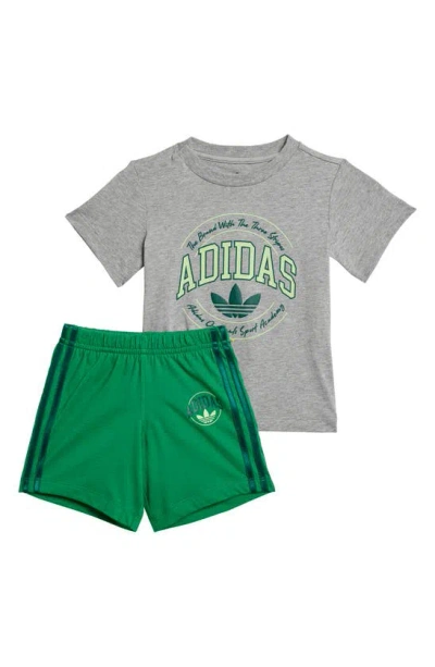 Adidas Originals Kids' Vrct Lifestyle Graphic T-shirt & Shorts Set In Grey Heather/ Green