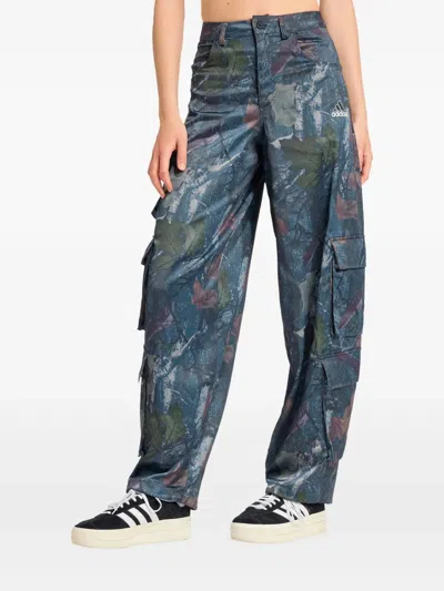 Adidas Originals Leaf Camo Print Satin Cargo Pants In Blue