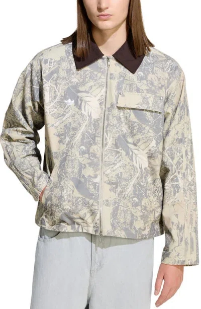 Adidas Originals Leaf Print Cotton Canvas Workwear Jacket In Neutral